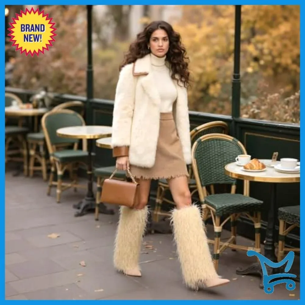 Knee High Faux Fur Boots Stiletto Heel Wide Calf Winter Boots